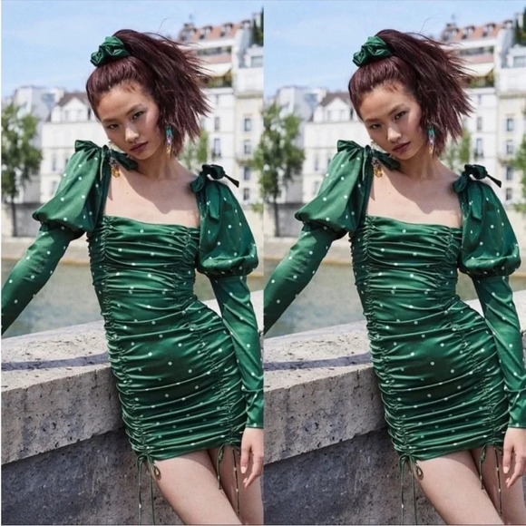 For love & Lemons green Davies polka dot ruched mini dress - Picture 2 of 15